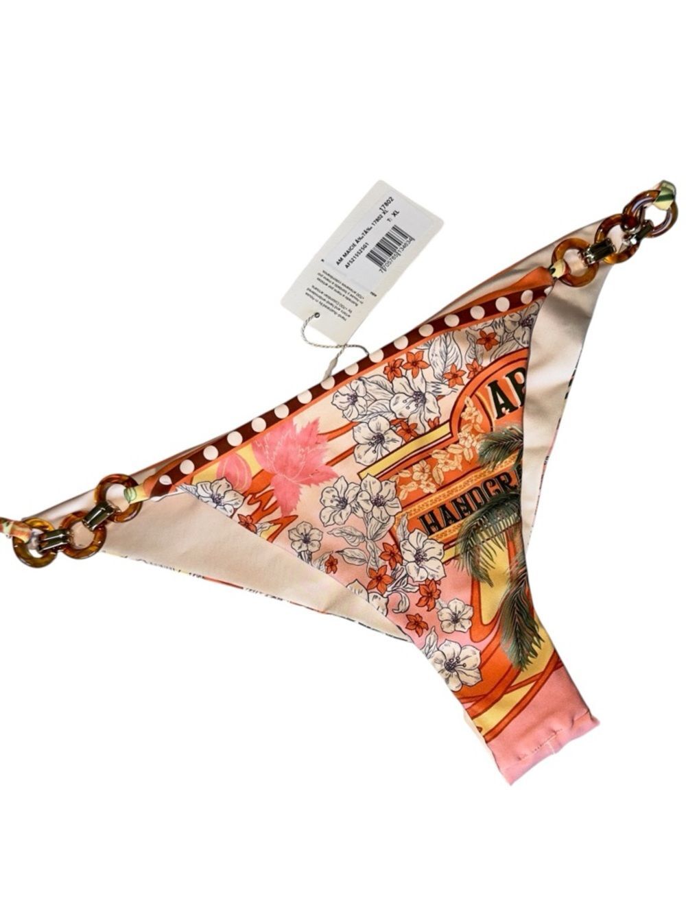 Agua Bendita Maicie Pink and Orange Floral Chain-Side Bikini Bottom Size XL NWT